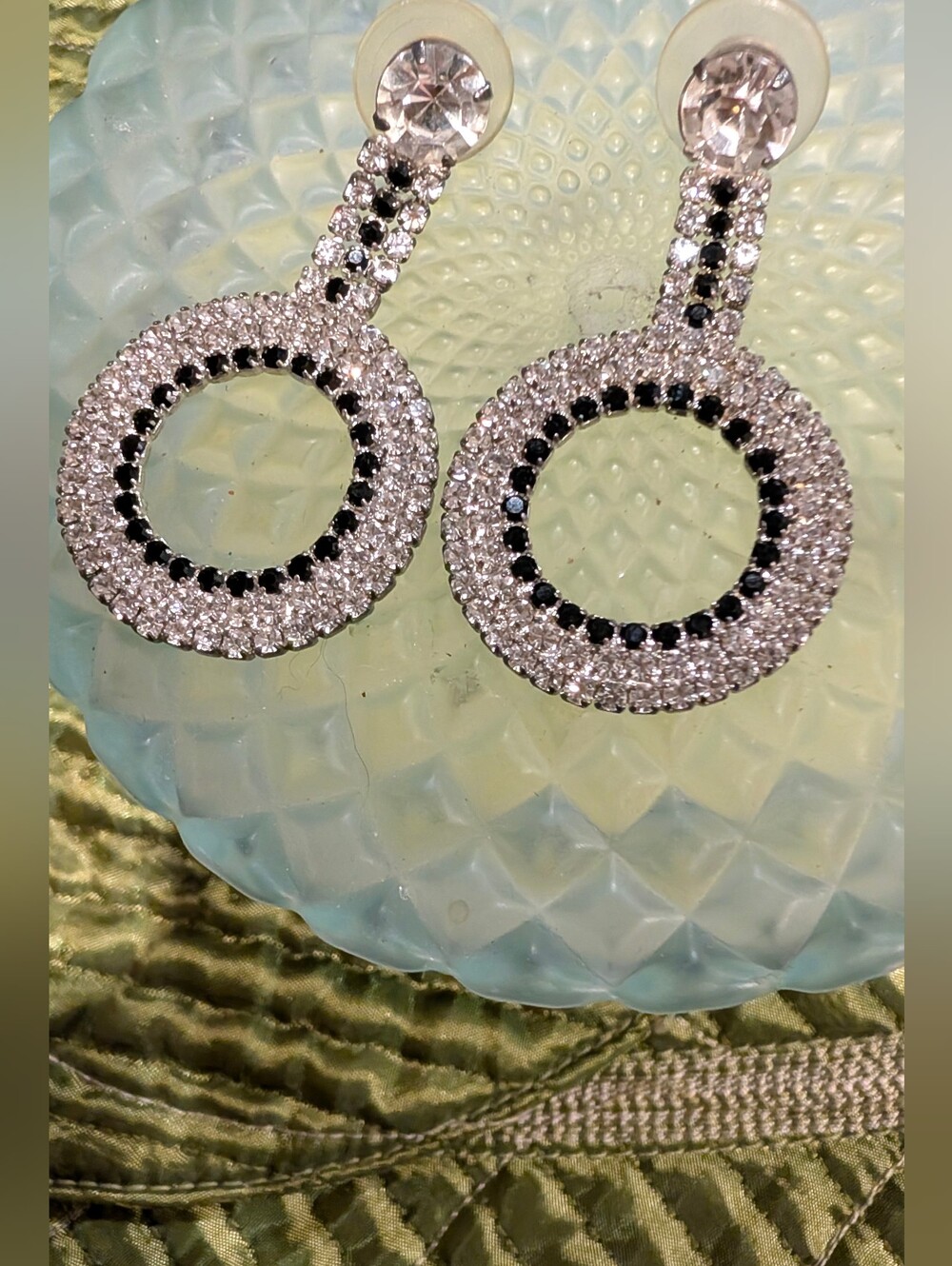 Silver Tone Black & Clear Crystal Circle Drop Earrings